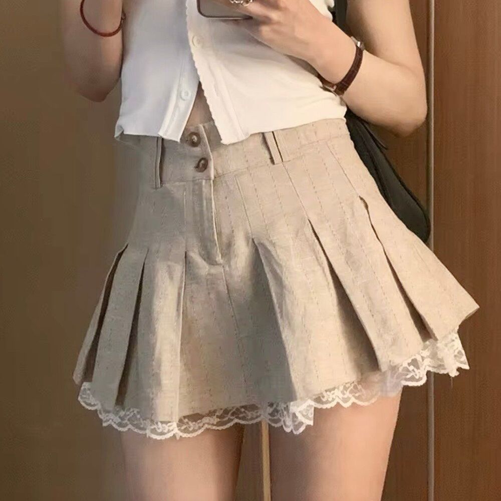 Khaki Beige Pleated Lace Trim Mini Skirt Size 2